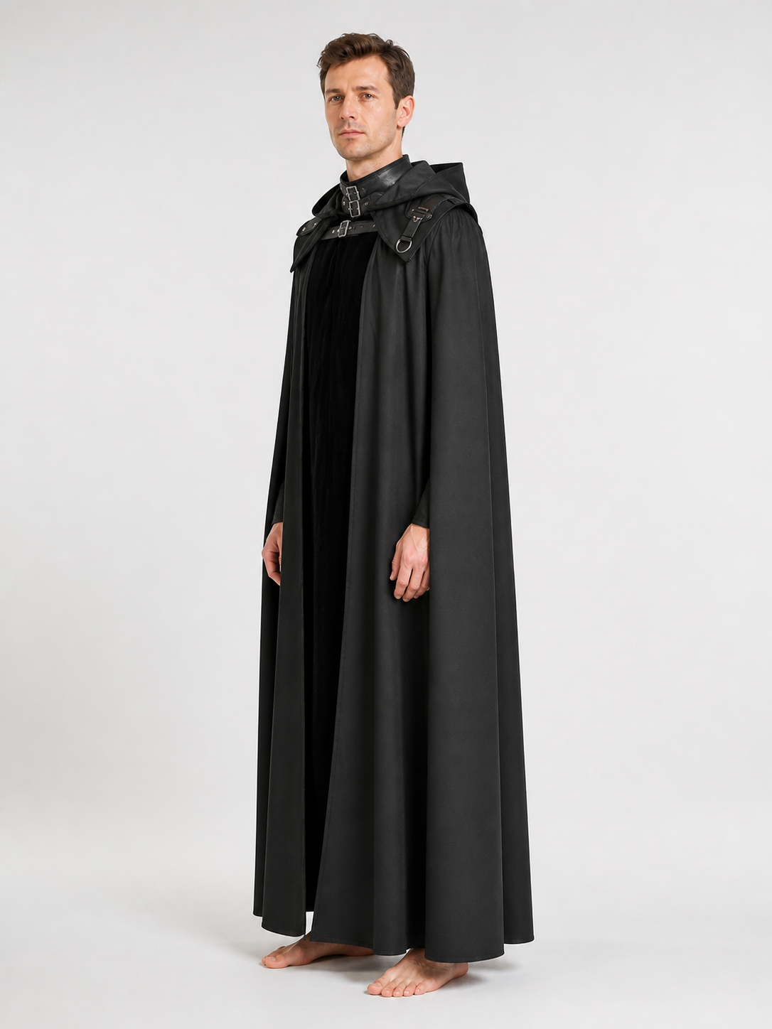 Black Vampire Cloak with Hood and Fasteners for Cosplay side view