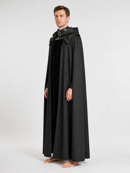 Black Vampire Cloak with Hood and Fasteners for Cosplay side view