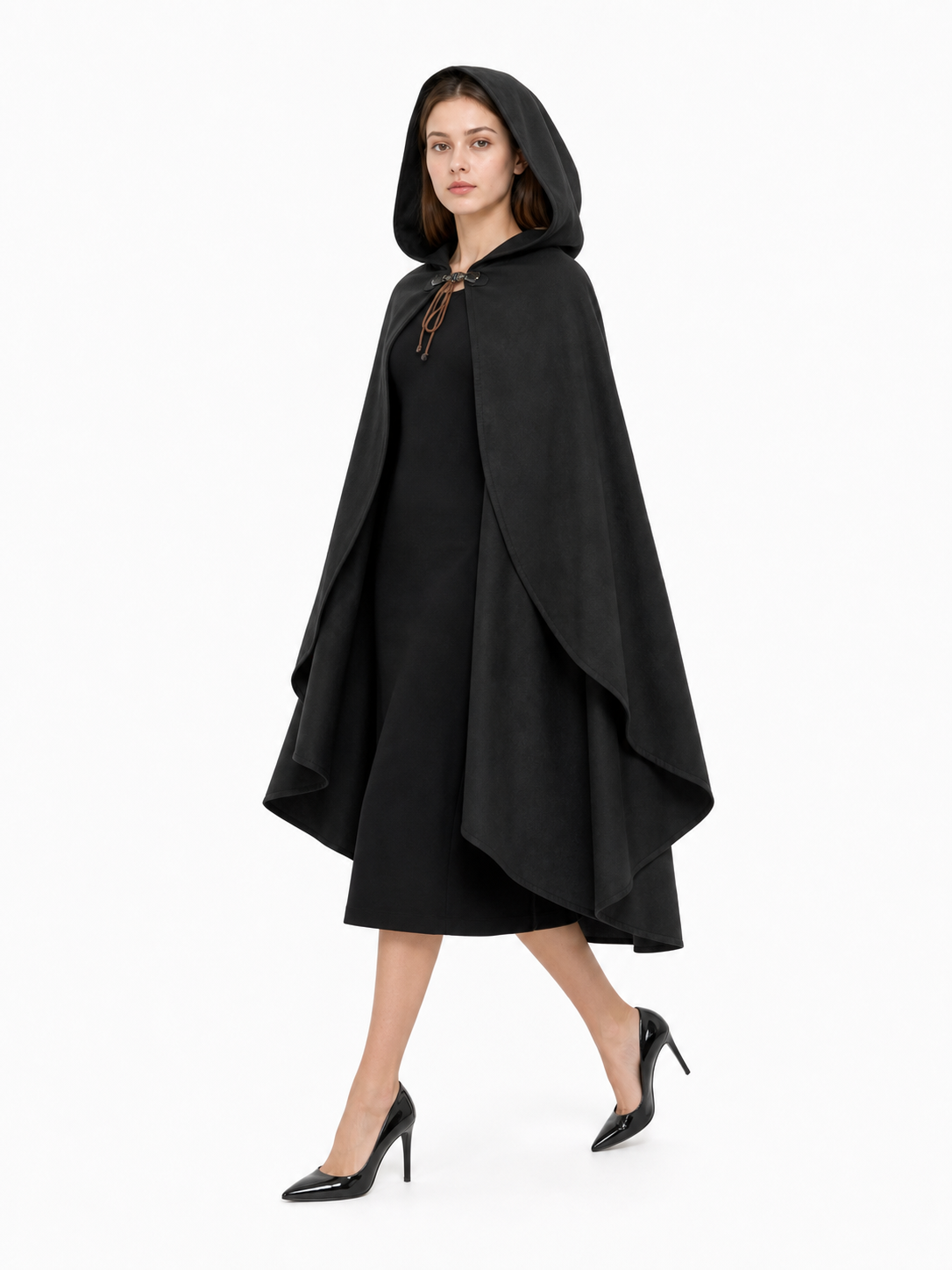 Black hooded medieval costume cloak product view 25