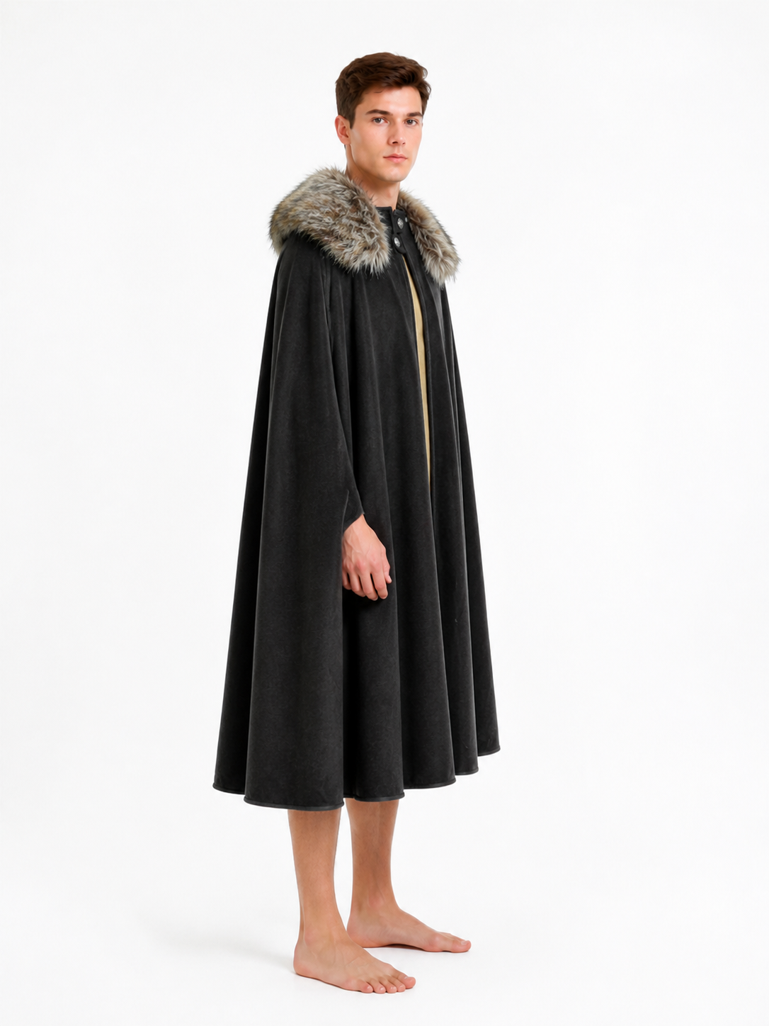 Long Black Button-Front Cloak with Fur Collar side view