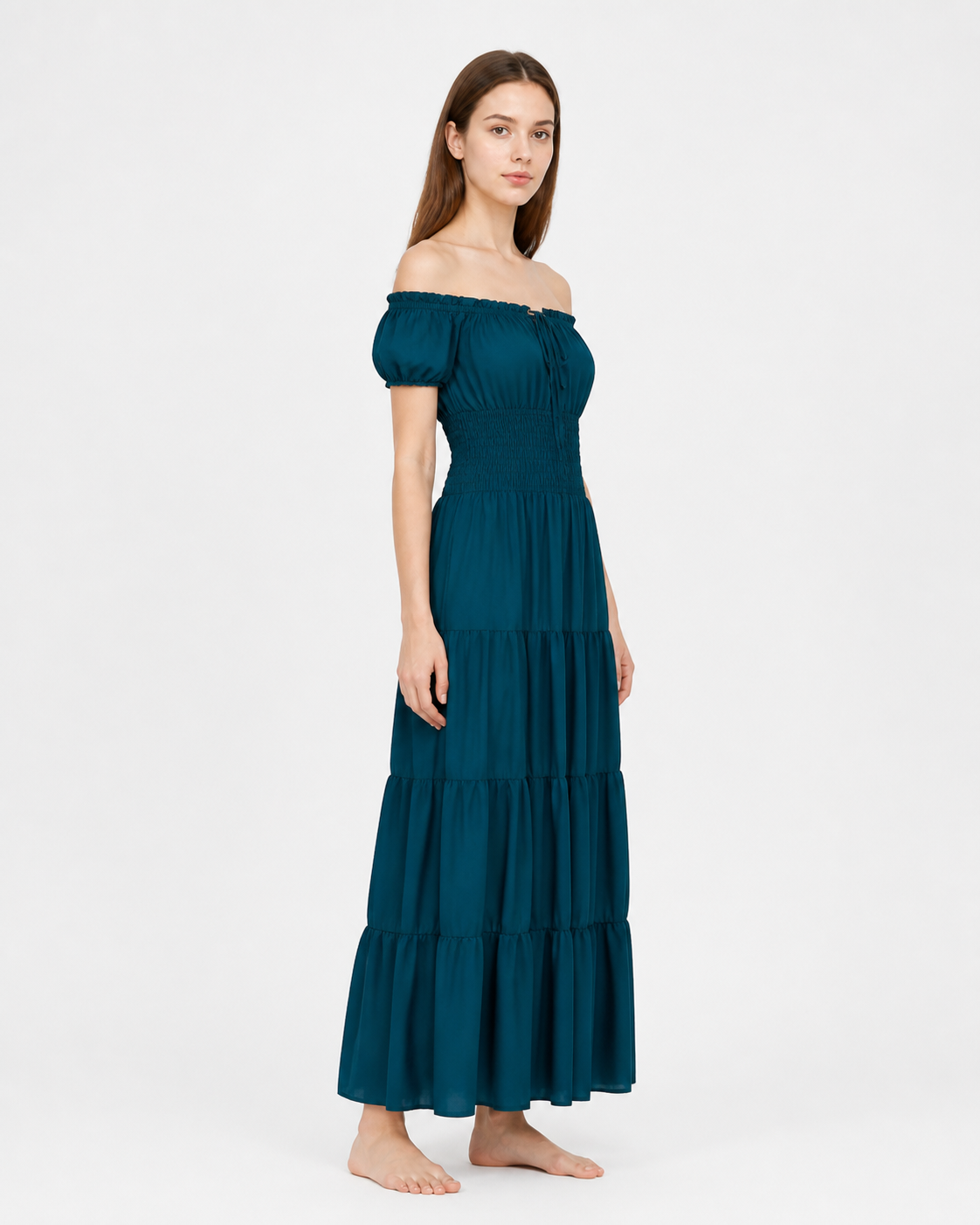 Long Dress with Off-the-Shoulder Neckline and Tiered Skirt side view