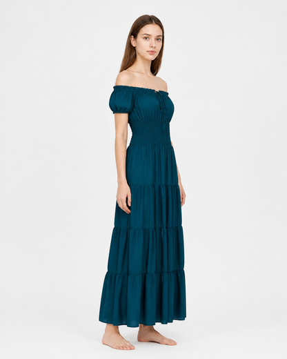 Long Dress with Off-the-Shoulder Neckline and Tiered Skirt side view