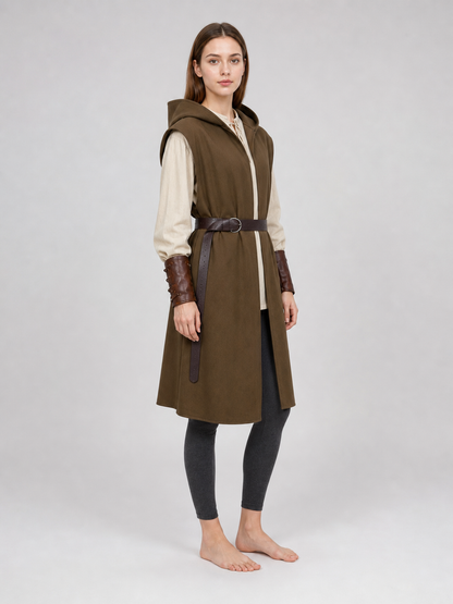 Three-quarter view of a brown hooded vest with a dark belt on a female model, shown over dark leggings and barefoot