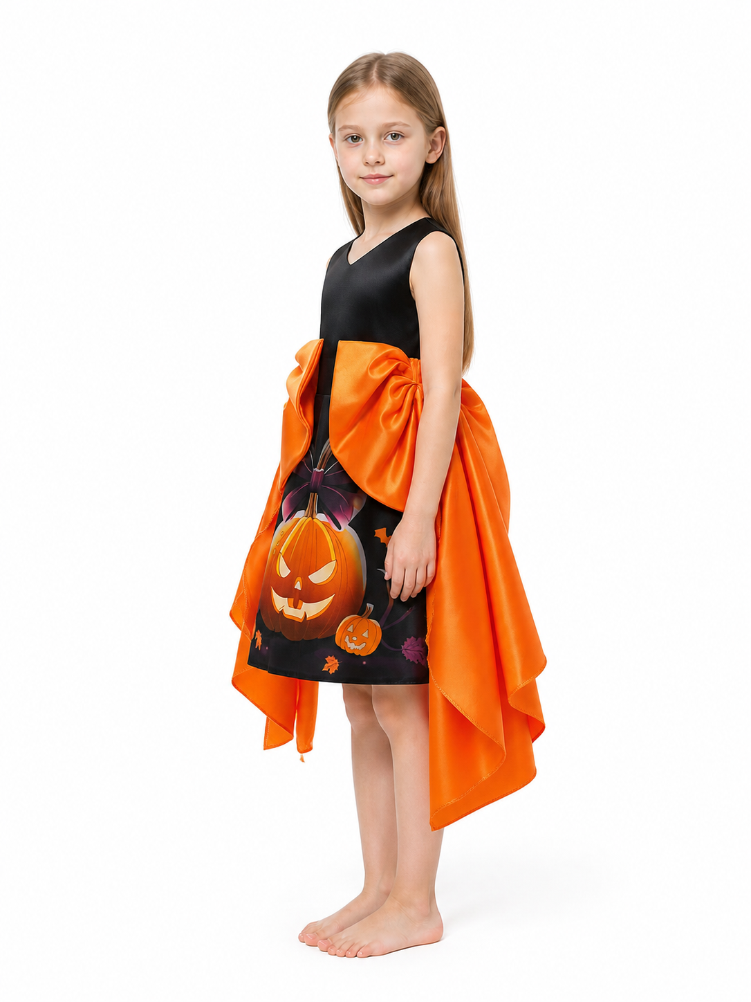 Halloween Cape Dress with Pumpkin Print side view