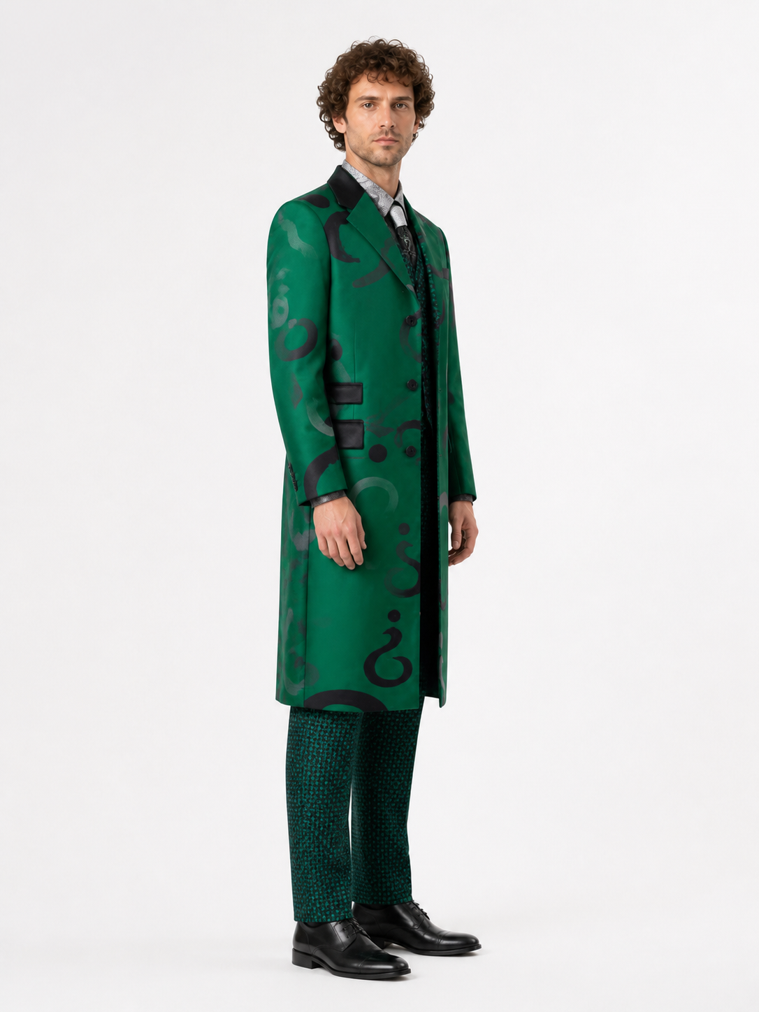 Green Riddler Costume with Cape for Cosplay side view