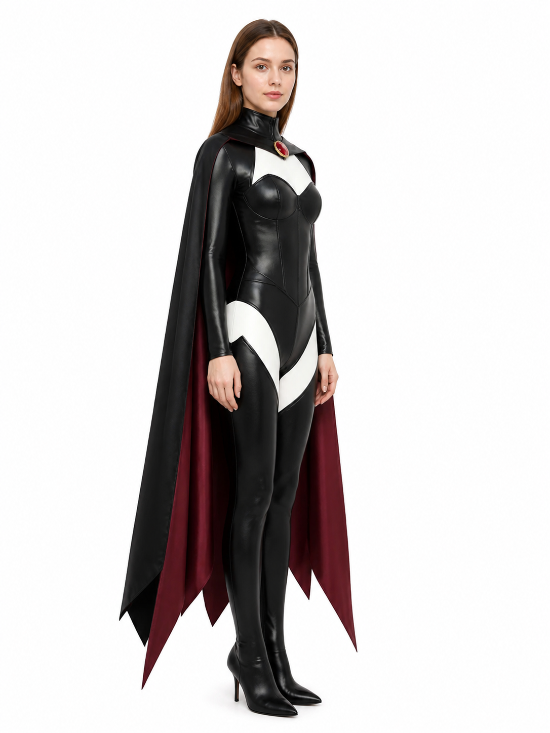 Black Cosplay Jumpsuit with Long Cape side view