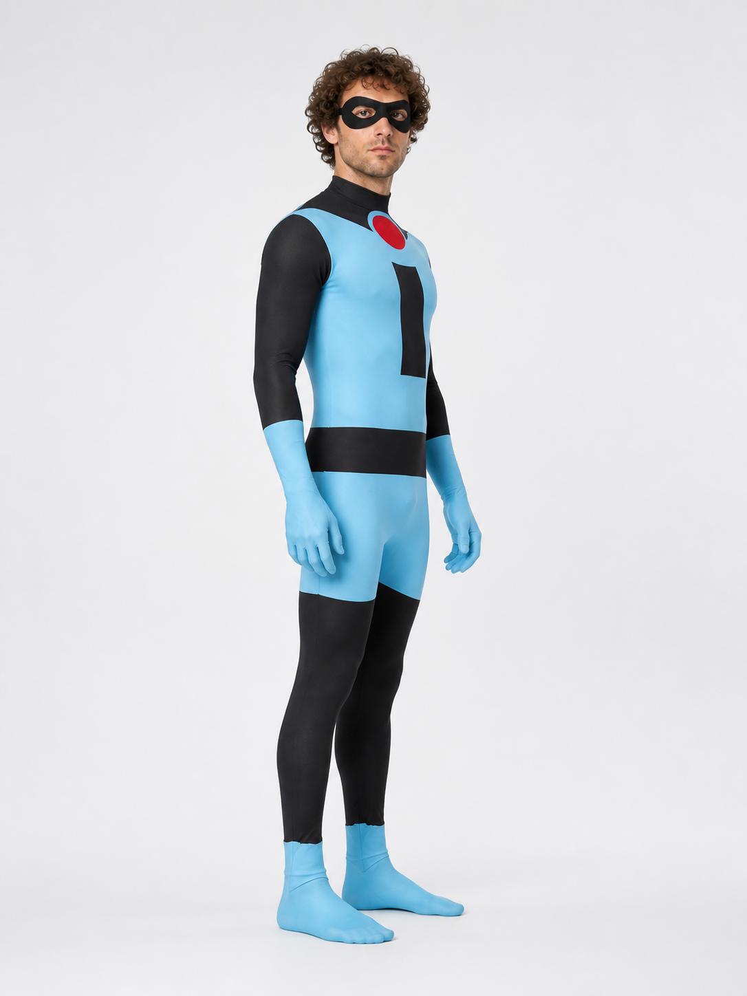 Blue Superhero Costume Jumpsuit with Mask side view