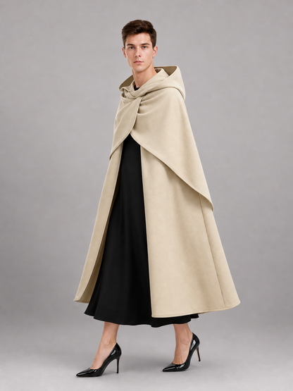 Medieval Hooded Cloak, Pointed Hood Full-Length Draped Cape in Khaki for Cosplay, Fantasy Costumes and Historical-Style Outdoor Outfits