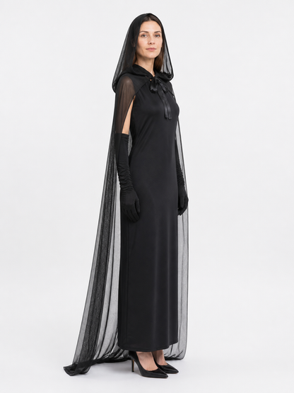 Black Vampire Costume with Cape and Gloves side view