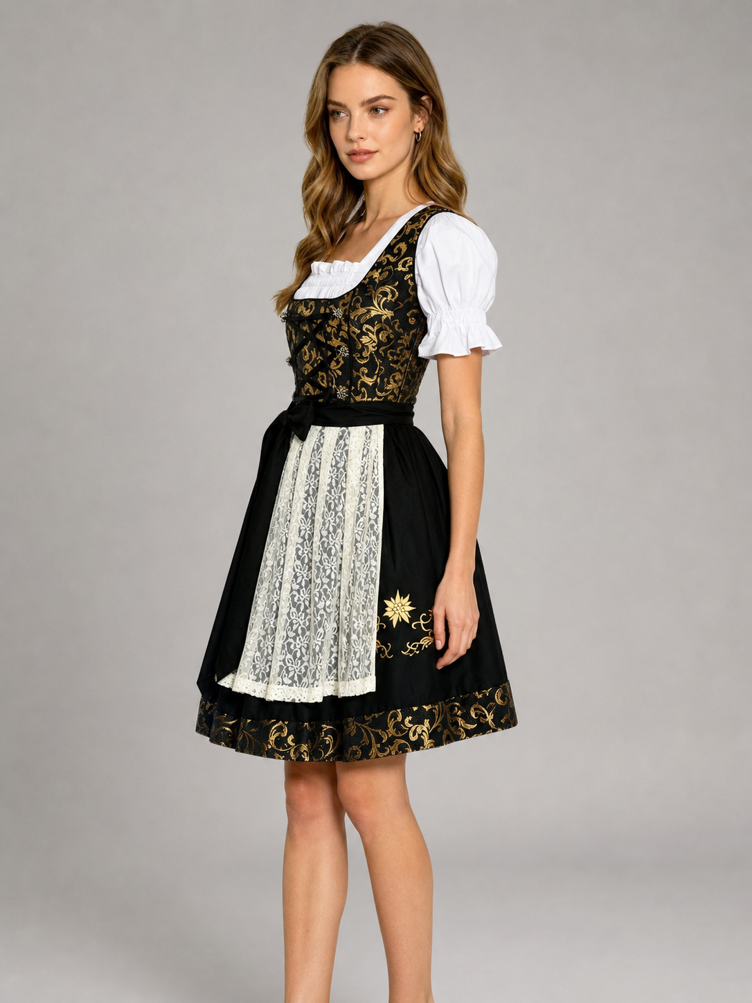 Dirndl Dress with Apron, Black and Gold, S–XXXL