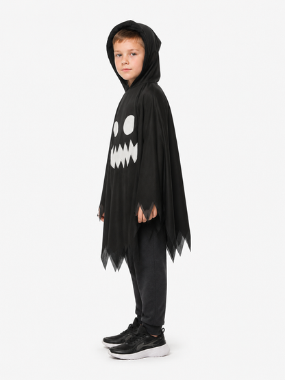 Kids' Ghost Cloak with Hood and White Face, Black side view