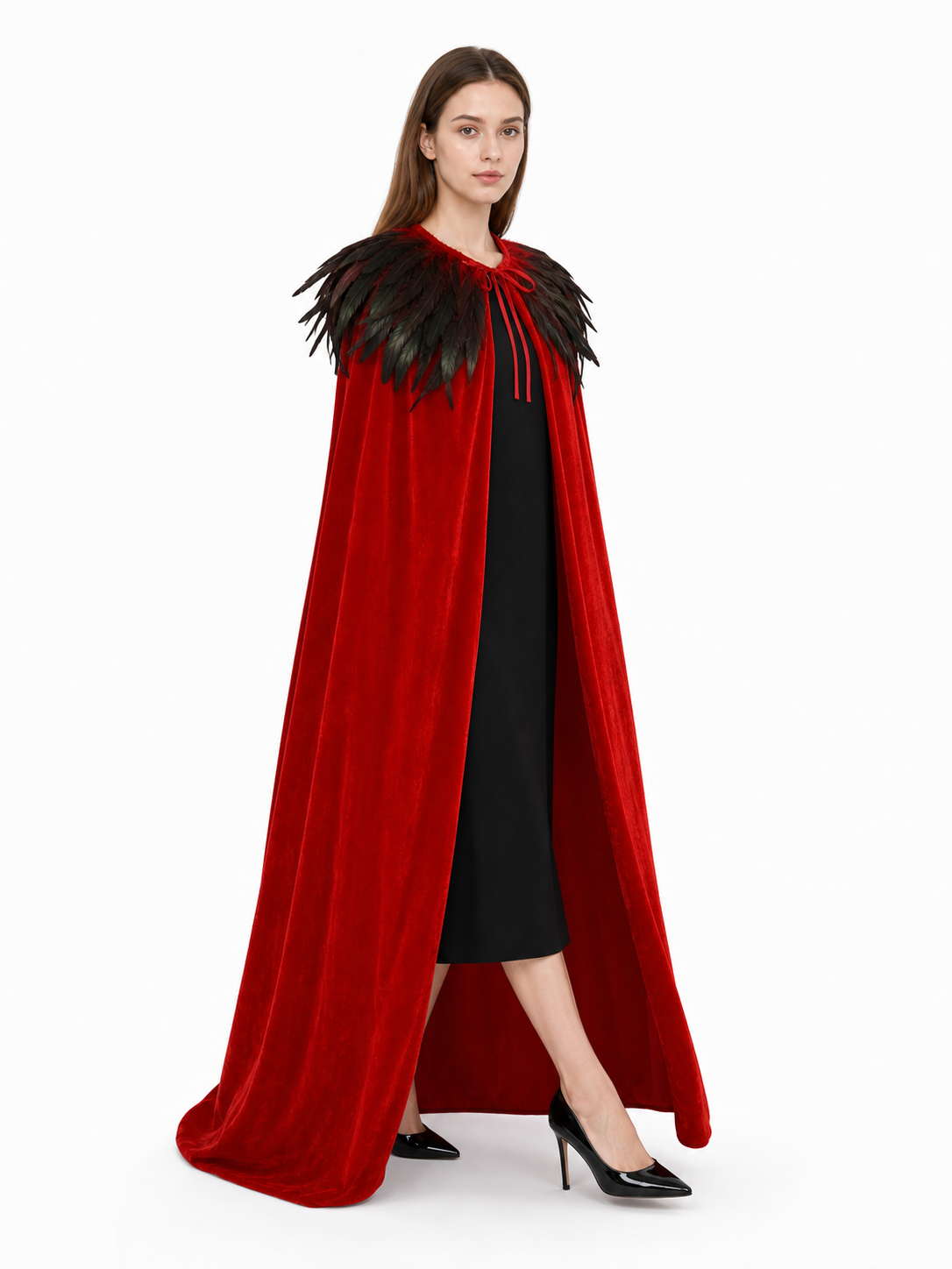 Red Velvet Cape with Feather Trim