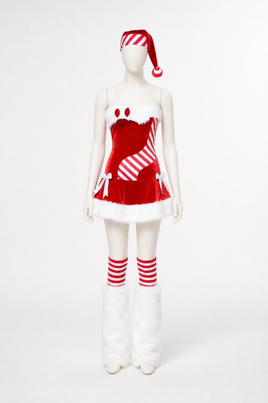 Christmas Costume with White Fuzzy Trim and Red-and-White Stripes side view