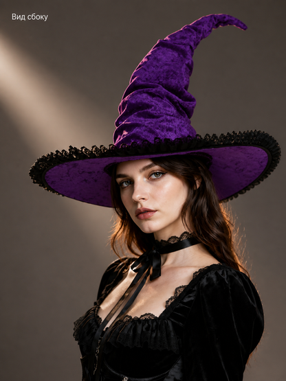 Purple black wide brim witch hat product view 17