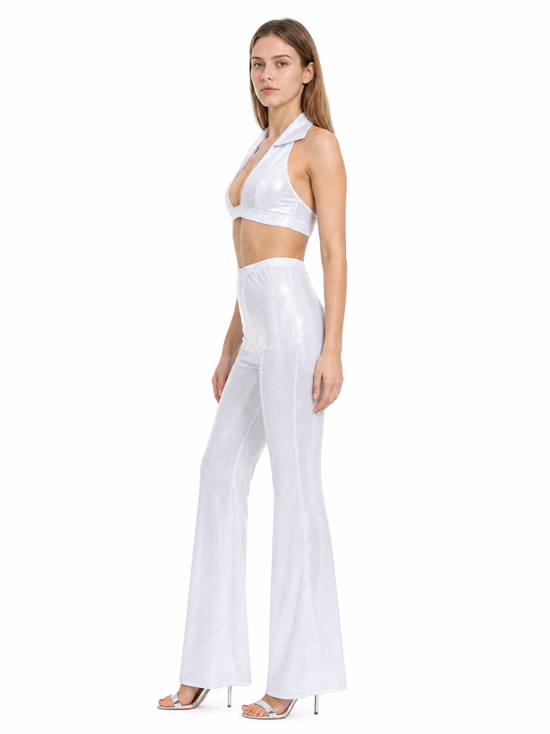 White stage costume with a top and flared pants side view