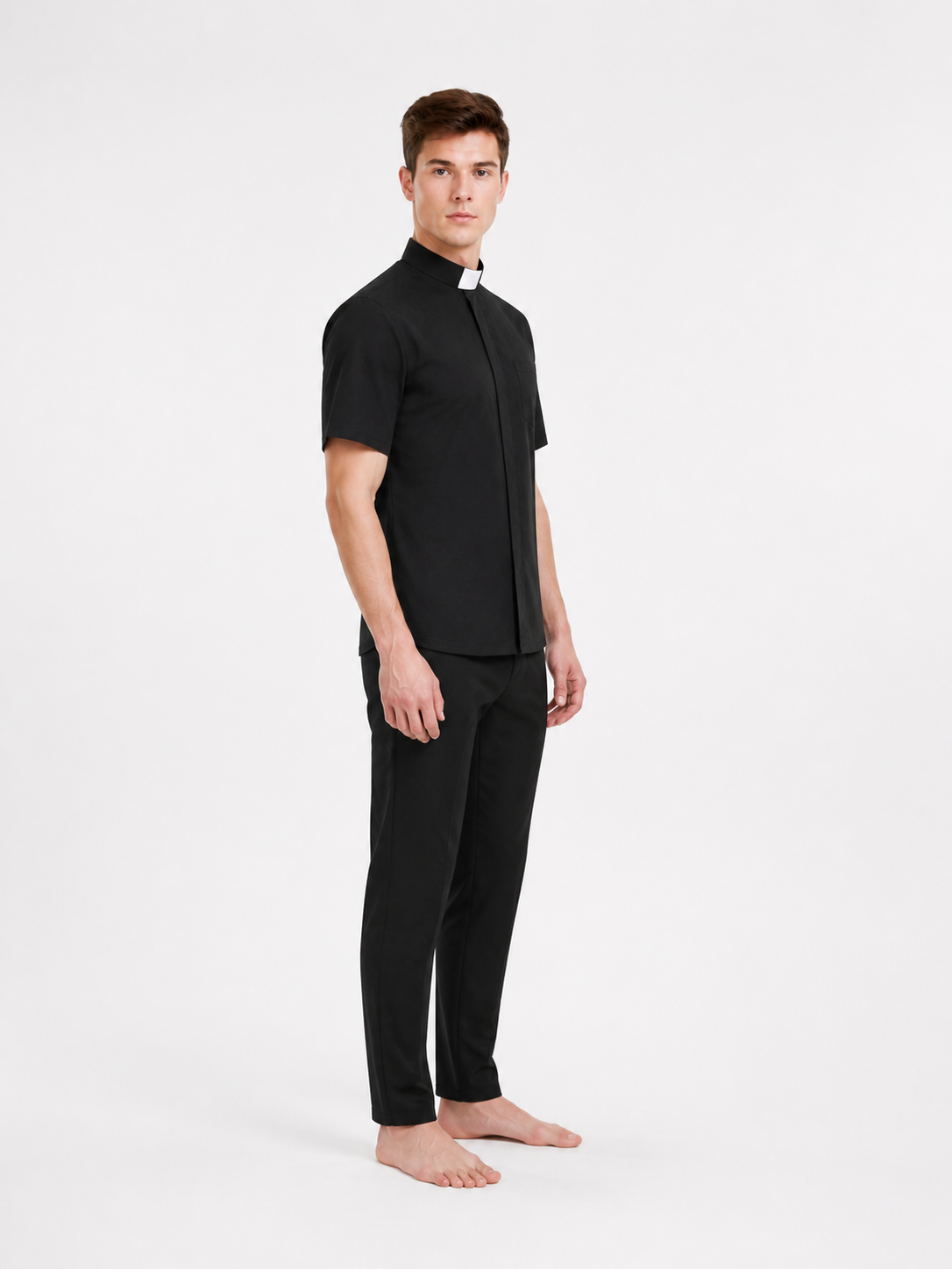 Black Short-Sleeve Shirt with Stand Collar side view