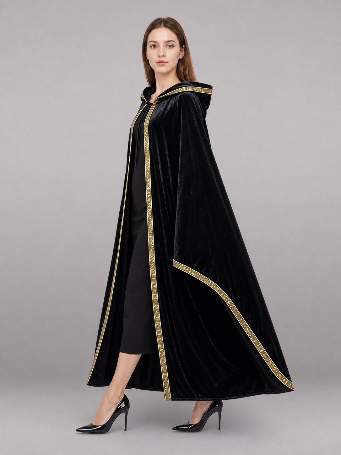 Black Hooded Carnival Cloak with Velvet Texture