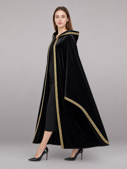 Black Hooded Carnival Cloak with Velvet Texture