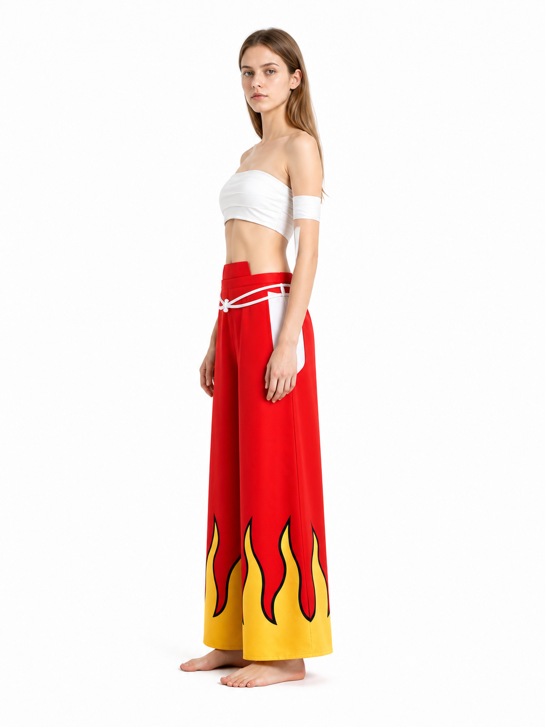 Anime cosplay costume with a flame print and wide-leg pants side view