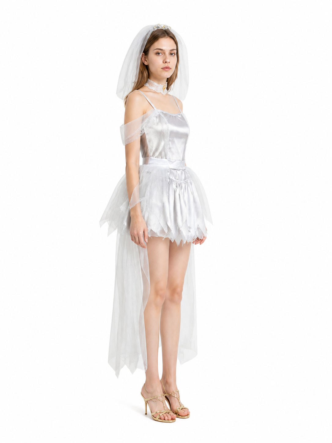 Retro-Style Dress with Cape and Train, White side view