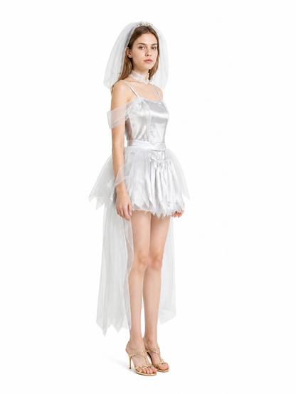 Retro-Style Dress with Cape and Train, White side view
