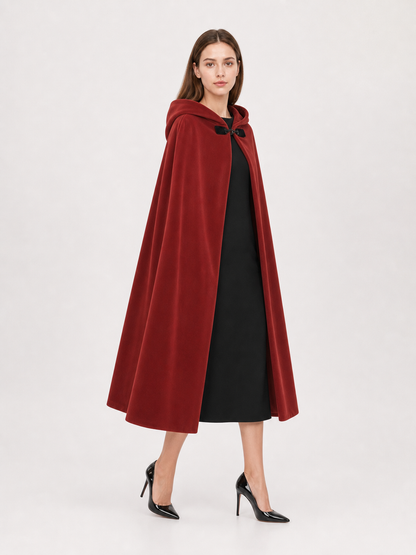 Medieval Hooded Cape with Oversized Hood, Burgundy Velvet-Like Flowing Cloak for Cosplay, Halloween, Themed Parties and Stage Performances