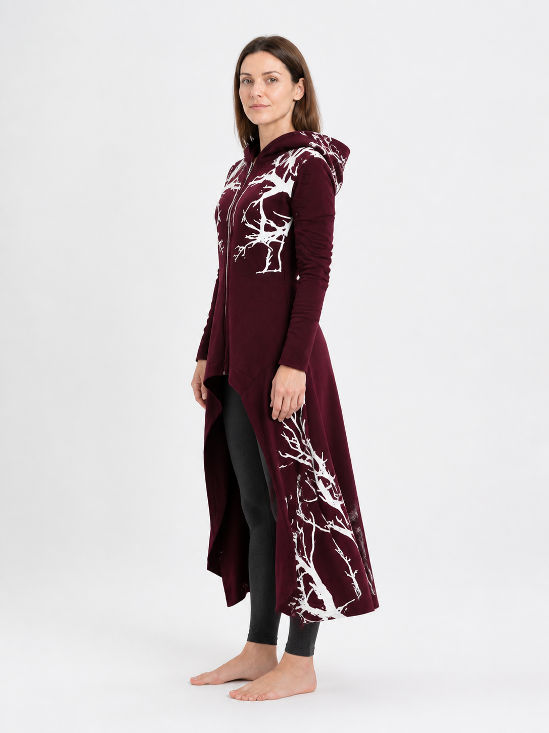 Wine-Colored Hooded Cloak with Branch Print for Halloween side view