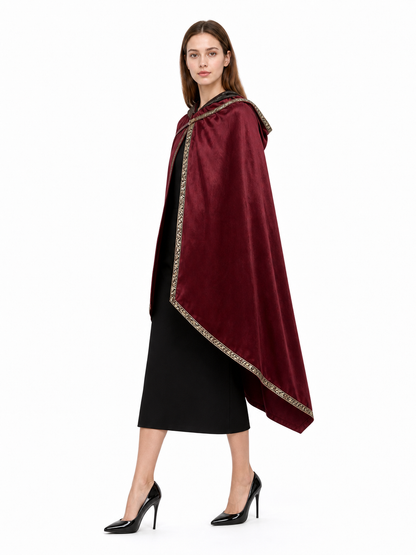 Burgundy velvet-look hooded costume cape product view 37