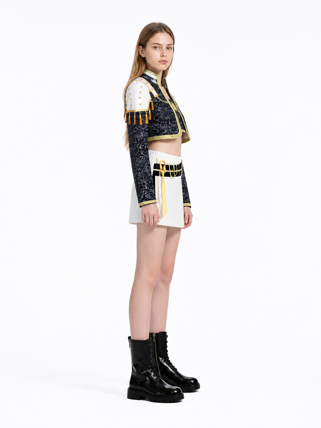Black-and-Gold Cosplay Costume with White Skirt side view