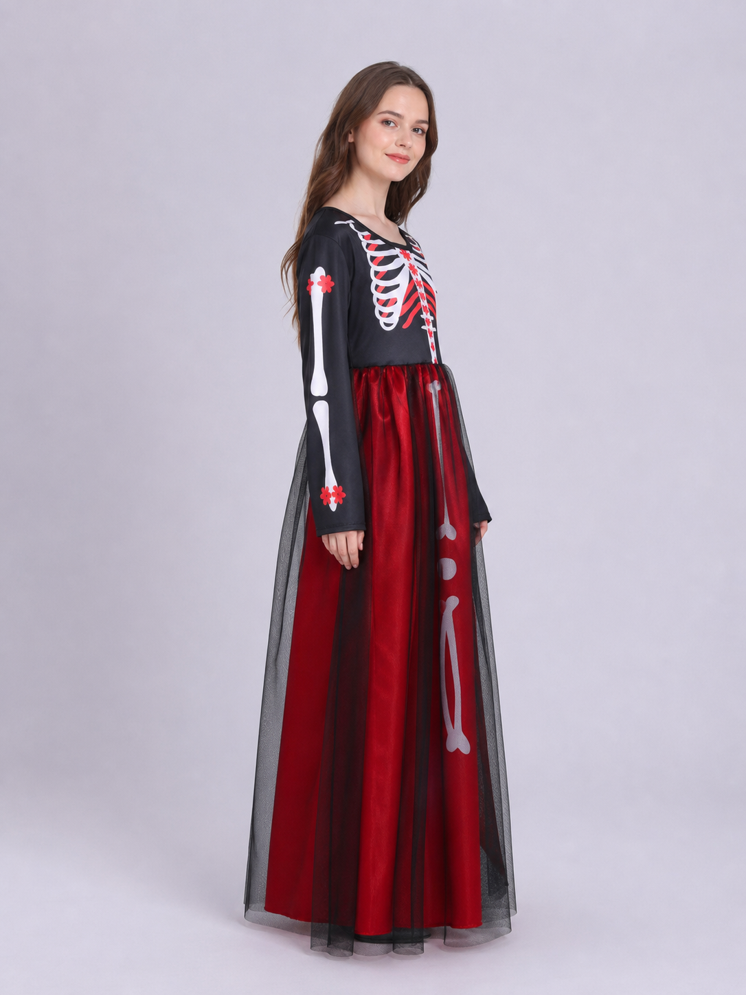 Halloween cosplay dress with a skeleton print