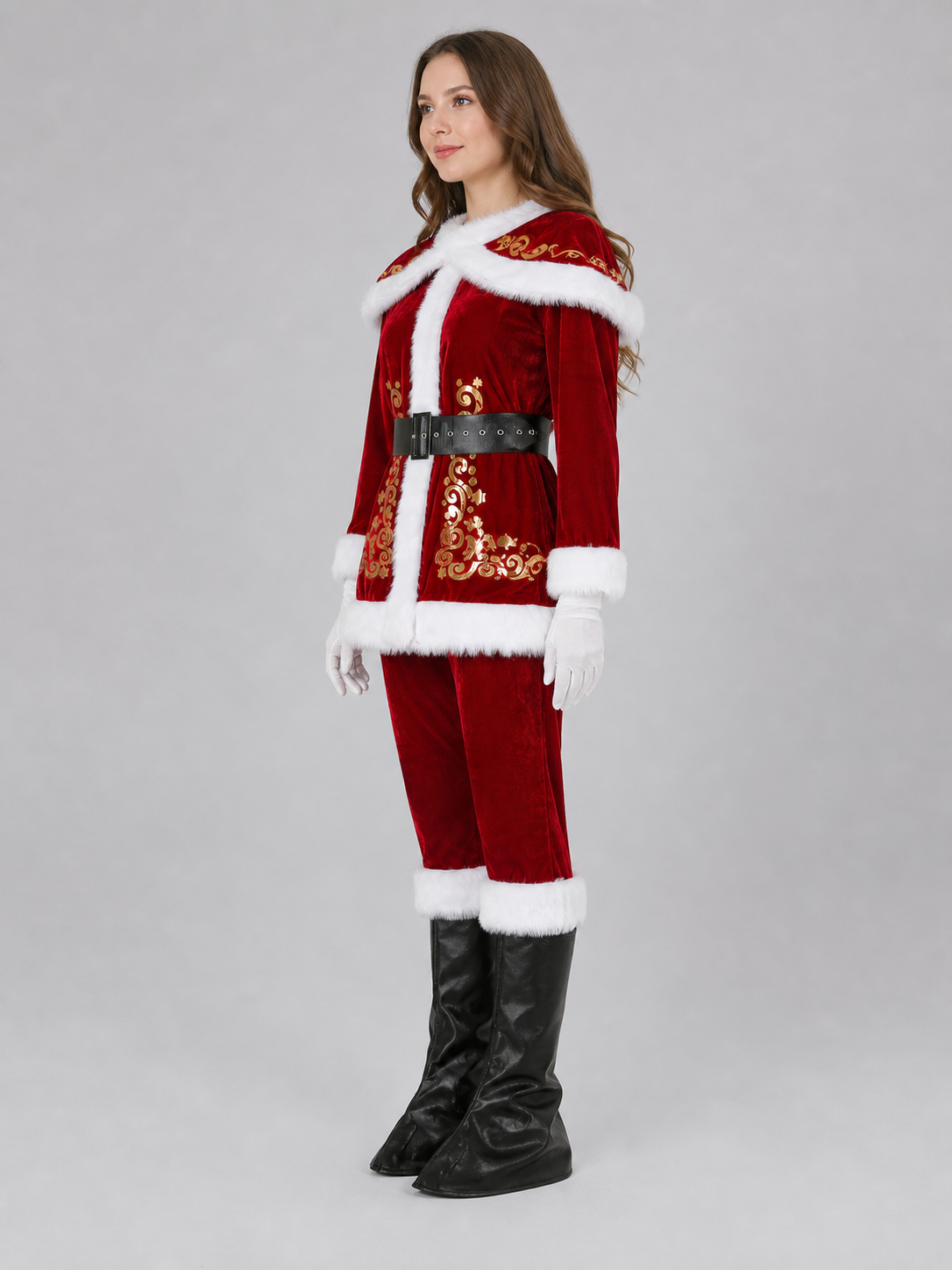 Santa Claus costume with beard, hat, and belt side view