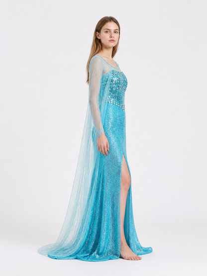 Blue Elsa Dress with Sequins and a Long Train side view