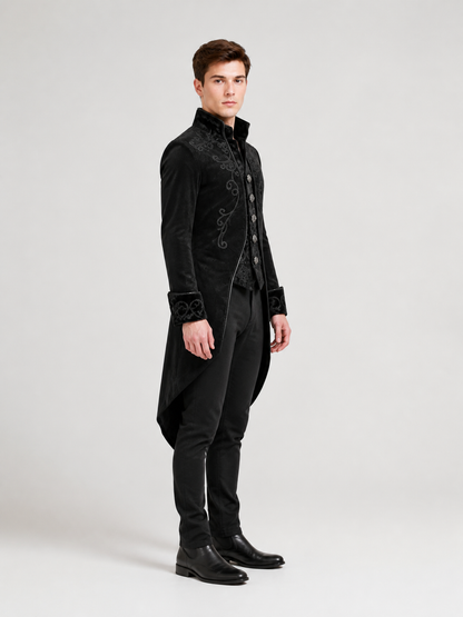 Black Tailcoat with Embroidery and Stand Collar side view