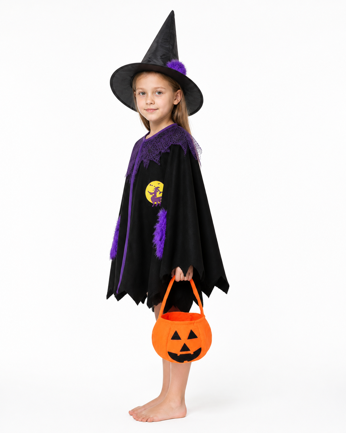 Masquerade Costume with Cape, Hat, and Bag side view