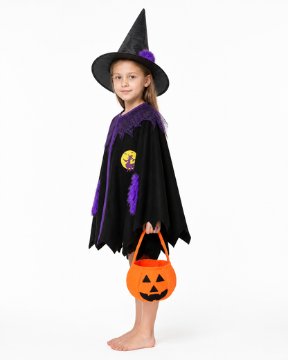 Masquerade Costume with Cape, Hat, and Bag side view