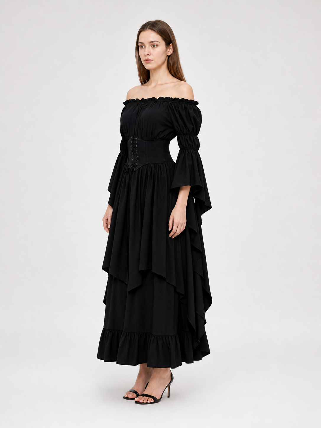 Black Gothic Maxi Dress with Corset Lacing