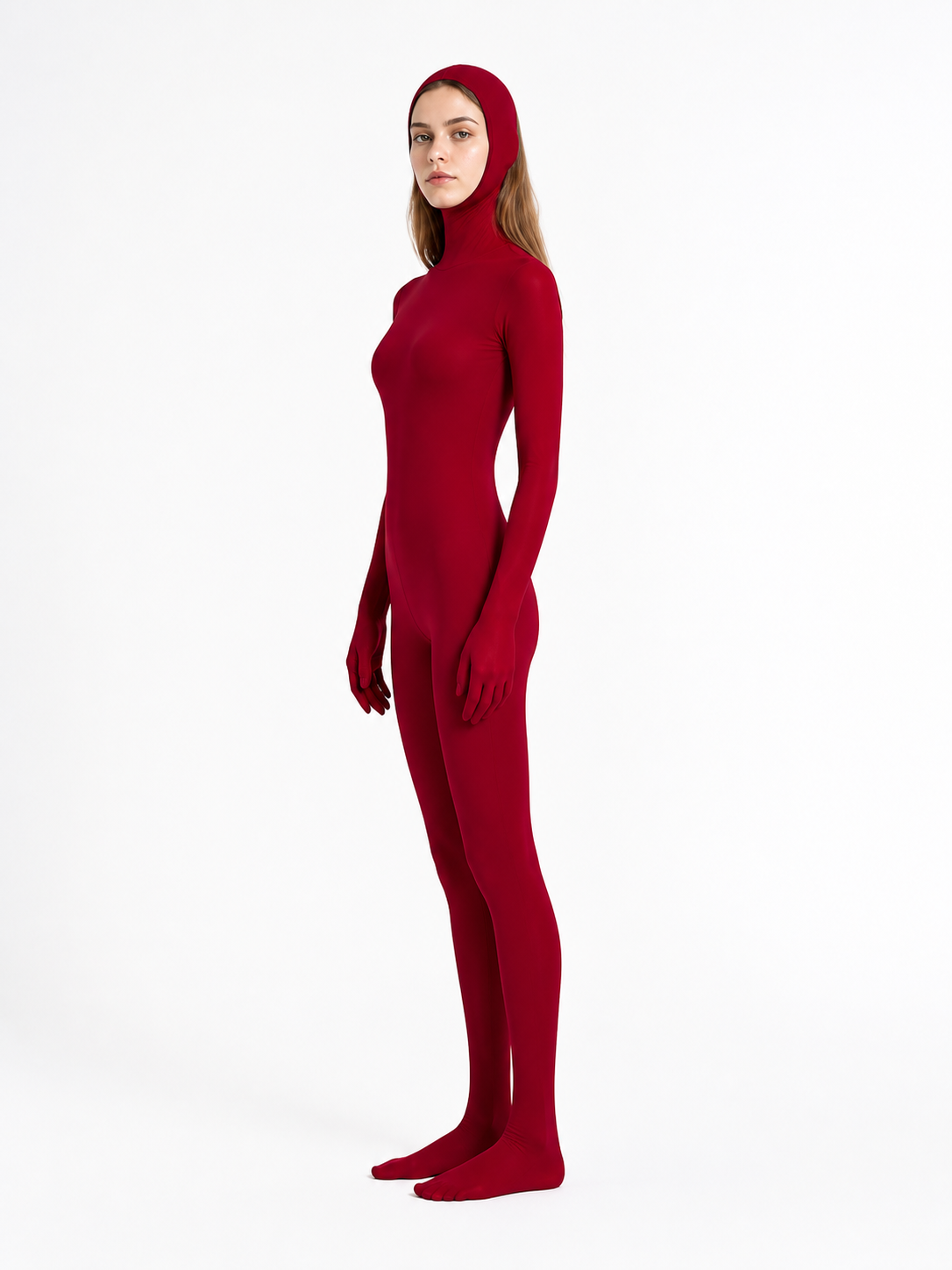 Burgundy zentai jumpsuit with hood and gloves side view