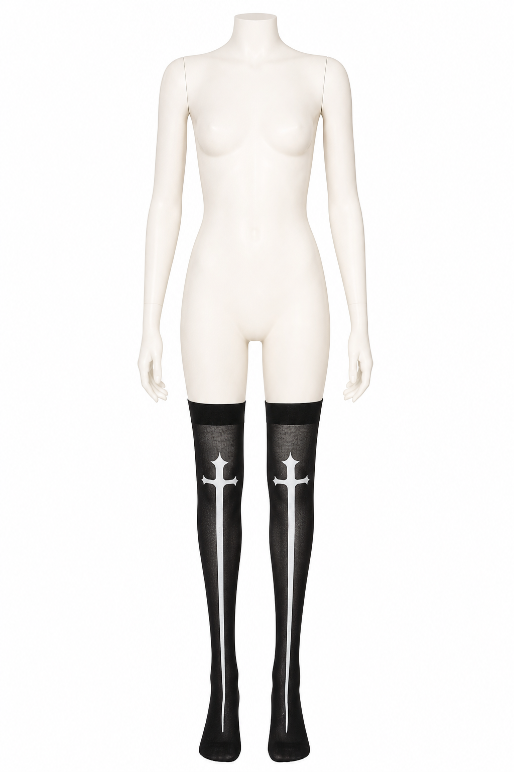 Long Black Knee-High Socks with White Cross, Pair side view