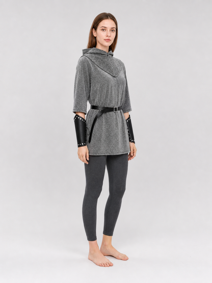 The set is designed in a medieval style and is suitable for creating a cosplay or stage-performance look. It includes a gray long top with a hood, a headpiece in the form of a gray hood, black bracers, and a black belt with a square buckle 