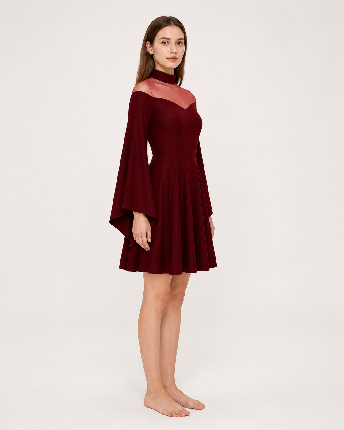 High-Neck Dress with Flared Sleeves side view