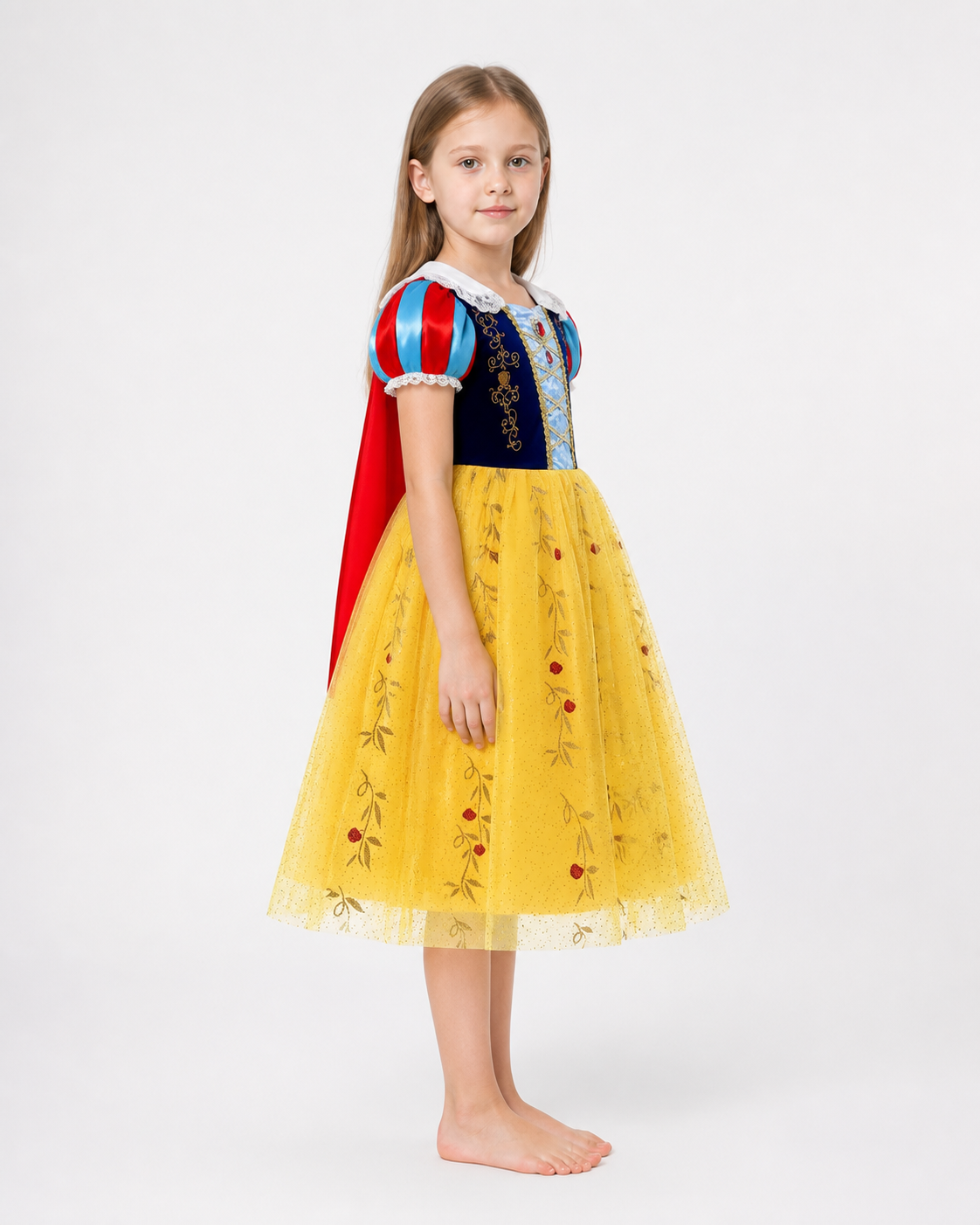Snow White Dress with a Red Cape and Blue Bodice side view