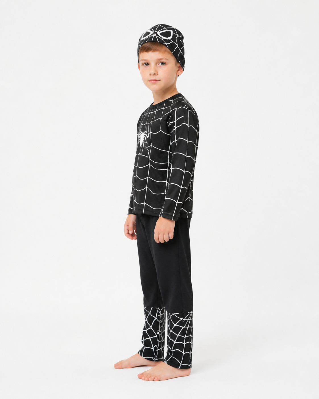 Children's Spider-Man costume with mask and pants side view