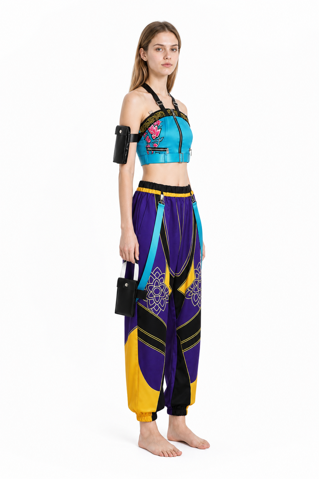 Cosplay Costume: Sleeveless Top, Pants, and Bag side view