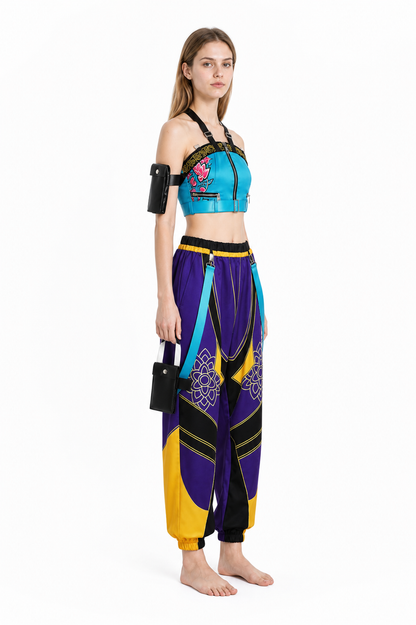 Cosplay Costume: Sleeveless Top, Pants, and Bag side view