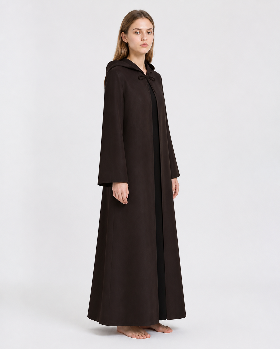 Long Black Robe with a Hood and Wide Sleeves side view