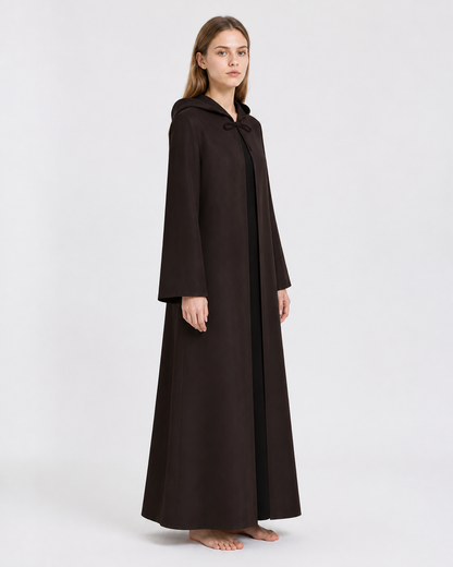 Long Black Robe with a Hood and Wide Sleeves side view