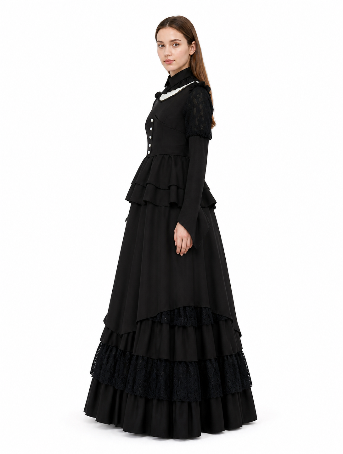 Black Gothic Dress with High Collar side view