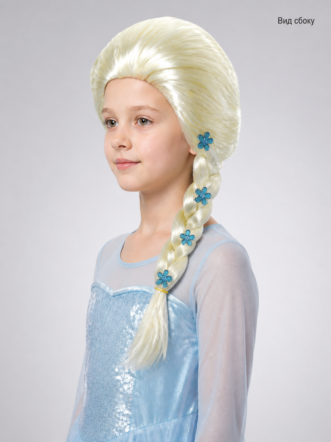 White Costume Wig with Blue Flowers and Long Braid side view
