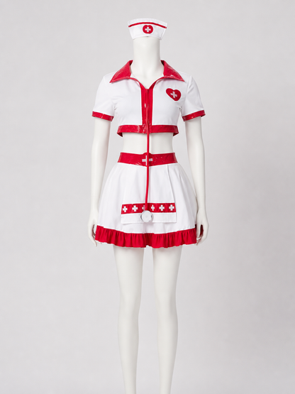 White and Red Nurse Costume with Skirt and Cap