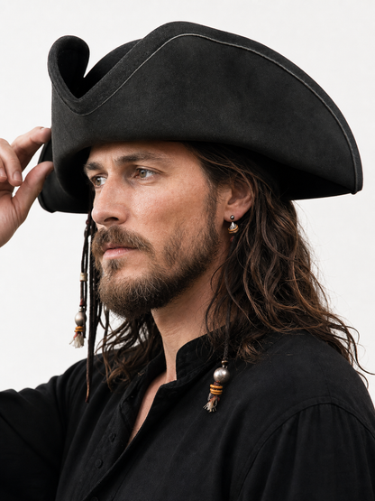 Black Pirate Hat, Large Three-Cornered Tricorn Costume Hat with Wide Brim and Structured Crown for Cosplay, Stage Performances and Pirate-Themed Parties